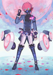 Rule 34 | 1boy, belt, boots, buttons, cross-laced footwear, double-breasted, fingerless gloves, fire, fukase, full body, fur trim, gas mask, gloves, gradient background, jitome, male focus, mask, miwasiba, moon, nail polish, neon trim, one eye covered, original, pink fire, pink hair, short hair, solo, standing, thigh boots, thighhighs, vocaloid