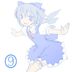 Rule 34 | 1girl, circled 9, cirno, dress, female focus, flat color, lowres, nu (plastic eraser), pale color, phantasmagoria of flower view, simple background, solo, touhou, white background