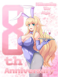 Rule 34 | 1girl, animal ears, anniversary, blonde hair, bow, bowtie, breasts, camilla (sennen sensou aigis), chinabreckenridge, commentary request, cup, detached collar, drinking glass, fake animal ears, gloves, grey pantyhose, highres, large breasts, leotard, long hair, pantyhose, playboy bunny, purple bow, purple bowtie, purple gloves, purple leotard, rabbit ears, rabbit tail, sennen sensou aigis, solo, tail, wine glass