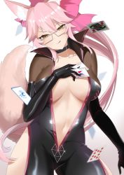 Rule 34 | 1girl, animal ear fluff, animal ears, black bodysuit, blush, bodysuit, bow, breasts, card, center opening, choker, cleavage, fate/grand order, fate (series), fox ears, fox girl, fox tail, glasses, hair between eyes, hair bow, highres, hip vent, koyanskaya (assassin) (first ascension) (fate), koyanskaya (fate), large breasts, licking lips, long hair, looking at viewer, navel, oxygen mask (oxygenmask233), pink bow, pink hair, playing card, ponytail, sidelocks, solo, tail, thighs, tongue, tongue out, yellow eyes