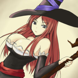 Rule 34 | 1girl, afuafu, bare shoulders, black eyes, breasts, cleavage, detached sleeves, dragon&#039;s crown, dress, hat, highres, huge breasts, large breasts, long hair, red hair, solo, sorceress (dragon&#039;s crown), staff, strapless, strapless dress, vanillaware, weapon, witch hat