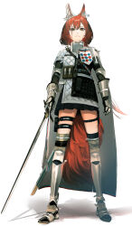 Rule 34 | 1girl, absurdres, animal ears, arknights, armor, belt pouch, black footwear, black skirt, black thighhighs, brown eyes, cape, closed mouth, coat, cuts, dirty, ear armor, flametail (arknights), full body, gambeson, gauntlets, greaves, hair between eyes, highres, holding, holding sword, holding weapon, injury, knee pads, legs apart, long hair, looking at viewer, miniskirt, oxy (ho2), pleated skirt, pouch, red hair, shoes, shoulder armor, simple background, single thighhigh, skindentation, skirt, solo, squirrel ears, squirrel girl, squirrel tail, standing, strap, sword, tail, thigh pouch, thigh strap, thighhighs, thighs, v-shaped eyebrows, weapon, white background, white cape, white coat