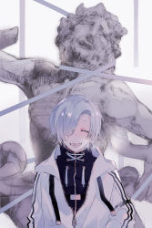 Rule 34 | 1boy, closed eyes, covering one eye, highres, jacket, laughing, male focus, myuhuaki, open mouth, original, ribbon, sculpture, short hair, silver hair, sketch, solo, teeth, unzipped, upper body, white jacket
