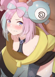 Rule 34 | 1boy, 1girl, aqua hair, arm grab, blush, bow-shaped hair, breasts, character hair ornament, clenched teeth, clothed female nude male, commentary request, creatures (company), game freak, hair ornament, hetero, highres, iono (pokemon), long hair, medium breasts, multicolored hair, nintendo, nipples, nude, panna444, pink hair, pokemon, pokemon sv, purple eyes, sex, sex from behind, sharp teeth, sweat, teeth, two-tone hair