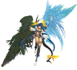Rule 34 | 1girl, arc system works, asymmetrical wings, bare shoulders, black thighhighs, blue hair, dizzy (guilty gear), guilty gear, hair ribbon, long hair, necro (guilty gear), ribbon, simple background, tail, tail ornament, tail ribbon, thighhighs, unco (f231057s), unco (pixiv457393), undine (guilty gear), very long hair, wings