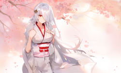 Rule 34 | 1girl, bear hair ornament, breasts, cherry blossoms, girls&#039; frontline, hair ornament, hair over one eye, highres, japanese clothes, kimono, kishiyo, large breasts, long hair, long sleeves, obi, original, pk (girls&#039; frontline), red eyes, revision, sash, silver hair, solo, very long hair, wide sleeves