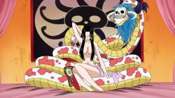 Rule 34 | black hair, blue eyes, boa hancock, breasts, censored, cleavage, convenient censoring, earrings, hair over breasts, jewelry, large breasts, legs, long hair, one piece, salome (one piece), snake, thighs