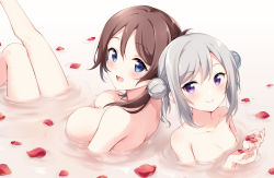 Rule 34 | 2girls, :d, blue eyes, breasts, brown hair, cleavage, closed mouth, commentary request, double bun, grey hair, hair between eyes, hair bun, hands up, hazuki (sutasuta), knee up, leg up, medium breasts, multiple girls, nude, open mouth, original, partially submerged, petals, petals on liquid, purple eyes, small breasts, smile, twintails, water