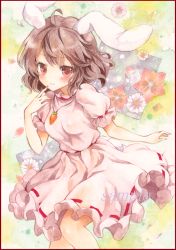 Rule 34 | 1girl, :3, animal ears, bad id, bad pixiv id, blush, border, brown hair, carrot necklace, colored pencil (medium), daisy, dress, finger to cheek, floral background, flower, gradient background, inaba tewi, jewelry, looking at viewer, marker (medium), necklace, painting (medium), petals, pink dress, potto, potto (minntochan), puffy short sleeves, puffy sleeves, rabbit ears, red eyes, sample watermark, short hair, short sleeves, solo, touhou, traditional media, watercolor (medium), watermark