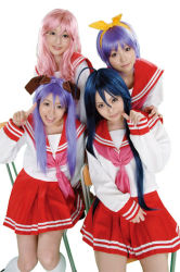 Rule 34 | 4girls, :d, airi hina, asian, blue hair, cosplay, cosplay photo, hiiragi kagami, hiiragi kagami (cosplay), hiiragi tsukasa, hiiragi tsukasa (cosplay), izumi konata, izumi konata (cosplay), lucky chuta, lucky star, multiple girls, open mouth, photo (medium), pink hair, purple hair, school uniform, serafuku, siblings, sisters, smile, takara miyuki, takara miyuki (cosplay), twins, white background