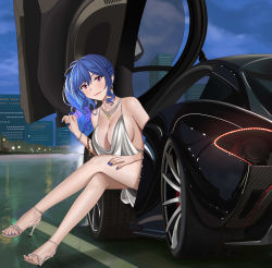 Rule 34 | 1girl, absurdres, azur lane, backless outfit, bare shoulders, blue hair, blue nails, blush, bracelet, breasts, building, car, city, cityscape, crossed legs, curly hair, formal, hair between eyes, high heels, highres, jewelry, large breasts, legs, mclaren, mclaren p1, motor vehicle, nail polish, necklace, pink hair, quatthro, side ponytail, sitting, sky, skyscraper, st. louis (azur lane), st. louis (luxurious wheels) (azur lane)