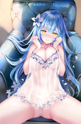Rule 34 | 1girl, areola slip, bare shoulders, blue hair, blush, breasts, breasts squeezed together, cleavage, flower, hair between eyes, hair flower, hair ornament, hands up, head tilt, hololive, large breasts, lingerie, long hair, looking at viewer, navel, negligee, no bra, nose blush, panties, parted lips, rei (rei&#039;s room), see-through, sitting, smile, solo, spread legs, underwear, very long hair, virtual youtuber, white panties, yellow eyes, yukihana lamy