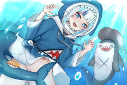 Rule 34 | 1girl, blue eyes, blue hair, blue hoodie, blunt bangs, blush, breasts, convenient censoring, cross scar, feet out of frame, fins, fish tail, gawr gura, gawr gura (1st costume), gluteal fold, hololive, hololive english, holomyth, hood, hoodie, looking at viewer, midriff peek, multicolored hair, navel, no panties, open mouth, scar, shark, shark girl, shark tail, sharp teeth, sherryqq, small breasts, streaked hair, tail, tail censor, teeth, upper teeth only, virtual youtuber