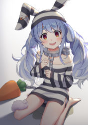 Rule 34 | 1girl, absurdres, animal ears, bare shoulders, blue hair, blush, carrot, chain, collar, commentary request, don-chan (usada pekora), hair between eyes, highres, hololive, long hair, long sleeves, looking at viewer, metal collar, multicolored hair, off-shoulder shirt, off shoulder, open mouth, orange eyes, orenji (user fknw7775), pee, peeing, peeing self, prison clothes, rabbit ears, shirt, sitting, solo, striped clothes, striped headwear, striped shirt, thick eyebrows, twintails, usada pekora, usada pekora (prisoner), virtual youtuber, wariza, white hair