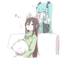 Rule 34 | 2girls, :3, animal ears, aqua eyes, aqua hair, aqua necktie, bare shoulders, black sleeves, cat, cat ears, closed eyes, couch, detached sleeves, grey shirt, hair ornament, hatsune miku, long hair, looking at another, master (vocaloid), multiple girls, necktie, nejikyuu, putting on headwear, shirt, shoulder tattoo, sitting, sleeping, sleeveless, sleeveless shirt, tattoo, tongue, tongue out, translated, twintails, very long hair, vocaloid, zzz