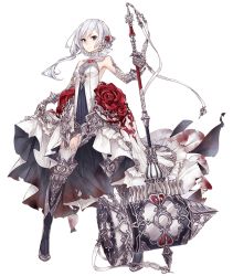 Rule 34 | 1girl, bare shoulders, blood, blood on clothes, blue eyes, boots, breasts, clothes lift, dress, dress lift, elbow gloves, flower, full body, gloves, hair flower, hair ornament, hammer, holding, holding hammer, holding weapon, jino, looking at viewer, official art, rose, serious, sinoalice, small breasts, snow white (sinoalice), solo, thigh boots, thighhighs, transparent background, weapon, white hair