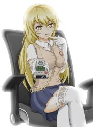 Rule 34 | + +, 1girl, bad id, bad pixiv id, blonde hair, bloom, chain, chair, controller, crossed legs, elbow gloves, finger to mouth, foreshortening, gloves, long hair, looking at viewer, naughty face, pleated skirt, remote control, school uniform, shokuhou misaki, short sleeves, simple background, sitting, skirt, solo, spider web print, sweater vest, symbol-shaped pupils, taut clothes, thighhighs, toaru kagaku no railgun, toaru majutsu no index, white background, white gloves, white thighhighs, yellow eyes, zettai ryouiki