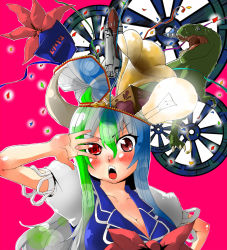 Rule 34 | 1girl, bad id, bad pixiv id, blue hair, blush, breasts, cleavage, confetti, dinosaur, ex-keine, female focus, green hair, hat, hokuto (scichil), horns, kamishirasawa keine, large breasts, light bulb, long hair, multicolored hair, phonograph, red eyes, solo, space shuttle, spacecraft, star-shaped pupils, star (symbol), symbol-shaped pupils, touhou, tyrannosaurus rex, ufo, wheel, zipper