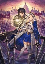 Rule 34 | 1boy, 1girl, black hair, blue cape, brown eyes, cape, coat, crown, fantasy, hair between eyes, hand up, highres, knees together feet apart, kuroi susumu, long hair, magic, official art, original, outdoors, planted, planted sword, planted weapon, silver hair, smile, sword, thighhighs, trench coat, twilight, weapon, white thighhighs