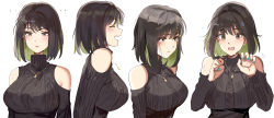 Rule 34 | ..., 1girl, absurdres, bare shoulders, black hair, blue nails, blush, breasts, brown eyes, clothing cutout, colored inner hair, crying, earrings, green hair, highres, jewelry, large breasts, laughing, medium hair, miru (ormille), mole, mole under eye, multicolored hair, multiple views, nail polish, open mouth, original, ormille, shoulder cutout, simple background, surprised, sweater, tears, turtleneck, turtleneck sweater, two-tone hair, white background