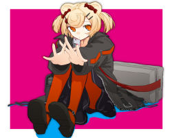 Rule 34 | 1girl, arknights, black footwear, black jacket, black skirt, blonde hair, candy hair ornament, candy wrapper, closed mouth, colored shadow, commentary request, food-themed hair ornament, full body, gummy (arknights), hair ornament, hairclip, highres, jacket, knees up, long sleeves, looking at viewer, open clothes, open jacket, orange eyes, orange pantyhose, outstretched arms, pantyhose, pleated skirt, puffy long sleeves, puffy sleeves, purple background, shadow, shoe soles, shoes, sitting, skirt, solo, twintails, two-tone background, usui harusame, white background