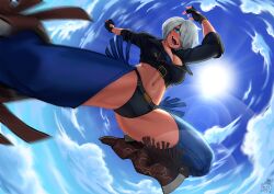 Rule 34 | 1girl, absurdres, angel (kof), backless pants, blue eyes, boots, bra, breasts, chaps, cleavage, cowboy boots, crop top, cropped jacket, fingerless gloves, from below, gloves, hair over one eye, highres, jacket, kicking, large breasts, leather, leather jacket, looking at viewer, midriff, navel, omega tizona, open mouth, panties, pants, short hair, smile, snk, solo, strapless, strapless bra, the king of fighters, the king of fighters xiv, toned, underwear, white hair