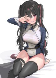 Rule 34 | 1girl, anshinin misa, black hair, black thighhighs, blush, breasts, commentary request, covering one eye, kanzarin, large breasts, leotard, long sleeves, looking at viewer, multicolored hair, red eyes, red hair, shirt, simple background, sitting, smile, solo, streaked hair, thighhighs, thighs, twintails, vee (vtuber), virtual youtuber, white background