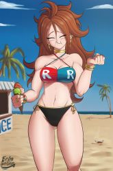 Rule 34 | 1girl, :t, ^ ^, adapted costume, alternate costume, android 21, artist name, bare arms, bare legs, bare shoulders, beach, bikini, bikini bottom only, black bikini, blush, bracelet, breasts, brown hair, cleavage, clenched hand, closed eyes, cloud, collarbone, crab, criss-cross halter, curvy, day, dragon ball, dragon ball fighterz, earrings, eating, echo saber, closed eyes, female focus, food, hair between eyes, halterneck, hand up, happy, highres, holding, holding food, hoop earrings, ice cream, jewelry, large breasts, legs, long hair, muscular, navel, neck, neck ring, no eyewear, outdoors, palm tree, red ribbon army, ring, sand, side-tie bikini bottom, sky, smile, solo, standing, stomach, summer, swimsuit, tree