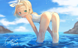 Rule 34 | 10s, 1girl, all fours, amy7996659, ass, bent over, blonde hair, character name, from behind, green eyes, hairband, highres, i-504 (kancolle), kantai collection, looking back, luigi torelli (kancolle), one-piece swimsuit, open mouth, partially submerged, school swimsuit, short hair, signature, solo, standing, swimsuit, wading, water, white hairband, white school swimsuit, white one-piece swimsuit