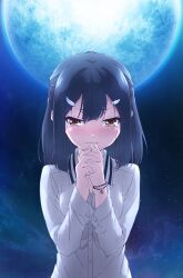 Rule 34 | 1girl, black hair, blush, bracelet, brown eyes, closed mouth, collared shirt, fate/kaleid liner prisma illya, fate (series), full moon, hair between eyes, hair ornament, hairclip, hands up, interlocked fingers, jewelry, long sleeves, looking at viewer, miyu edelfelt, moon, night, night sky, official art, outdoors, own hands together, shirt, sky, solo, upper body, white shirt