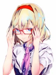 Rule 34 | 1girl, adjusting eyewear, alice margatroid, bad id, bad pixiv id, bespectacled, blonde hair, blue dress, capelet, commentary, dress, glasses, hair between eyes, hairband, hands up, highres, looking at viewer, pink neckwear, puffy short sleeves, puffy sleeves, red-framed eyewear, red eyes, red hairband, shirt, short hair, short sleeves, simple background, solo, touhou, upper body, white background, white capelet, white shirt, yonemuro