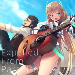 Rule 34 | 1boy, 1girl, :d, ^ ^, acoustic guitar, against wall, angela balzac, armor, armpits, bad id, bad pixiv id, bare shoulders, beard, black gloves, black hair, blonde hair, blue eyes, blush, bodysuit, boots, breasts, brown hair, closed eyes, cloud, copyright name, cowboy shot, day, dress shirt, elbow gloves, english text, facial hair, from side, fukai ryosuke, gloves, guitar, hair between eyes, halterneck, happy, headgear, holding, instrument, knee boots, knee up, laughing, leotard, long hair, looking at viewer, low twintails, open mouth, outdoors, pants, pinky out, rakuen tsuihou, shirt, short hair, signature, sitting, sky, sleeves rolled up, smile, standing, thank you, thighlet, thighs, tongue, turtleneck, twintails, very long hair, vest, zarik kajiwara