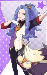 Rule 34 | 1boy, absurdres, alternate costume, arm up, black pants, black shirt, blue hair, bright pupils, collared shirt, commentary request, contemporary, creatures (company), game freak, gen 4 pokemon, gloves, grey eyes, grin, hair ornament, hand up, highres, hisuian electrode, long hair, looking at viewer, male focus, melli (pokemon), natu hiroto, nintendo, one eye closed, pants, pokemon, pokemon (creature), pokemon legends: arceus, shirt, sidelocks, skuntank, smile, star (symbol), teeth, vest, white gloves, white pupils