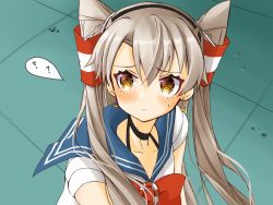 Rule 34 | 1girl, ?, ??, amatsukaze (kancolle), bishoujo senshi sailor moon, blue sailor collar, blush, closed mouth, cocoperino, cosplay, crescent, crescent earrings, derivative work, earrings, frown, grey hair, hair between eyes, hair tubes, innertube, jewelry, kantai collection, long hair, meme, red neckwear, sailor collar, sailor moon, sailor moon (cosplay), sailor moon redraw challenge (meme), simple background, solo, sweat, swim ring, two side up, upper body, yellow eyes