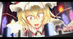 Rule 34 | 1girl, absurdres, ascot, bad id, bad nicoseiga id, blonde hair, crystal, cup, flandre scarlet, giant, giantess, hat, hat ribbon, highres, huge giantess, letterboxed, mob cap, neva, red eyes, ribbon, side ponytail, solo, teacup, touhou, wings