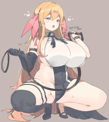 Rule 34 | 1girl, bare shoulders, black footwear, black gloves, black thighhighs, blonde hair, blush, breasts, brown background, commission, covered navel, curvy, elbow gloves, full body, gloves, gogoco, hair between eyes, hair ornament, high heels, highres, holding, holding whip, large breasts, looking at viewer, no panties, open mouth, original, plump, red eyes, sideboob, simple background, single elbow glove, single thighhigh, solo, squatting, thighhighs, thighs, whip