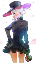 Rule 34 | 1girl, ange (princess principal), black hat, black shirt, black skirt, blade, commentary, from behind, fur trim, hand on own hip, hat, highres, holding, long sleeves, looking at viewer, looking back, o-ring, petals, princess principal, profile, purple eyes, shirt, short hair, skirt, solo, standing, takaichi (tkch), underbust, white background, white hair
