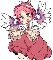 Rule 34 | 1girl, animal ears, bird ears, bird wings, blush, brown dress, brown hat, dress, earrings, fang, fingernails, frilled dress, frilled sleeves, frills, green nails, grey eyes, hat, highres, ini (inunabe00), jewelry, long fingernails, long sleeves, mystia lorelei, nail polish, open mouth, pink hair, sharp fingernails, short hair, simple background, single earring, skin fang, smile, solo, touhou, white background, white wings, winged hat, wings