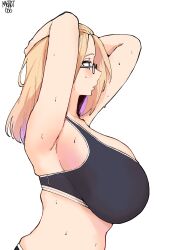 Rule 34 | 1girl, absurdres, armpits, arms up, bangs pinned back, blonde hair, blue eyes, breasts, from side, glasses, hair pulled back, highres, huge breasts, inne sulistya robin, norman maggot, original, sideboob, solo, sports bra, sweat, white background