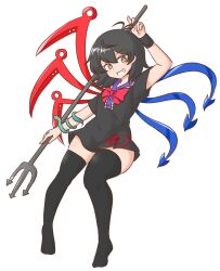 Rule 34 | 1girl, :d, ahoge, asymmetrical wings, black dress, black hair, black thighhighs, blue wings, bow, bowtie, brown eyes, dress, full body, holding, houjuu nue, mizusoba, open mouth, polearm, red bow, red bowtie, red wings, short hair, short sleeves, simple background, smile, snake armband, solo, thighhighs, thighs, touhou, trident, weapon, white background, wings, wristband