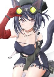 Rule 34 | 1girl, absurdres, animal ears, arknights, arm between legs, black hair, breasts, brown eyes, cat ears, cat girl, cat tail, cleavage, closed mouth, collarbone, cutout above navel, elbow gloves, gloves, goggles, goggles on head, highres, jewelry, large breasts, looking at viewer, necklace, red gloves, rockrock (arknights), seiza, sitting, solo, sora mame (princess 0sora), tail