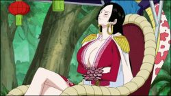 Rule 34 | animated, animated gif, black hair, boa hancock, breasts, cleavage, closed eyes, huge breasts, long hair, one piece, screencap