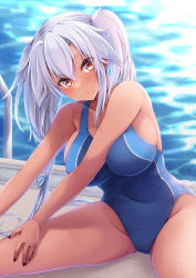 Rule 34 | 1girl, absurdres, alternate costume, black nails, blue one-piece swimsuit, breasts, collarbone, competition swimsuit, dark-skinned female, dark skin, grey hair, hair between eyes, highleg, highleg swimsuit, highres, jewelry, kantai collection, large breasts, long hair, mashiro yukiya, musashi (kancolle), musashi kai ni (kancolle), nail polish, one-piece swimsuit, pool, pool ladder, poolside, red eyes, ring, sitting, solo, swimsuit, twintails, very long hair, wedding band