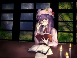 Rule 34 | 1girl, adjusting eyewear, blunt bangs, book, branch, candle, commentary request, crescent, crescent hair ornament, double bun, dress, glasses, hair bun, hair ornament, hat, head tilt, highres, holding, holding book, indoors, light smile, long hair, looking at viewer, mob cap, neck ribbon, night, night sky, open book, patchouli knowledge, pink robe, purple eyes, purple hair, red ribbon, ribbon, robe, round eyewear, sidelocks, sitting, sketch, sky, solo, star (sky), starry sky, striped clothes, striped dress, table, tayutai (user xruy3332), touhou, vertical-striped clothes, vertical-striped dress, window