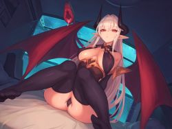 Rule 34 | 1girl, arm support, ass, bed, black gloves, black thighhighs, breasts, demon girl, demon wings, dutch angle, earrings, elbow gloves, gloves, heart, horns, indoors, jewelry, large breasts, leotard, long hair, looking at viewer, moco (moco 28), moon, night, night sky, on bed, original, panties, parted lips, pointy ears, reclining, red eyes, silver hair, single earring, sitting, sky, solo, spread legs, tail, thighhighs, underwear, very long hair, window, wings