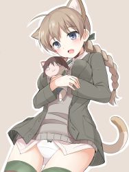 Rule 34 | 1girl, animal ears, bad id, bad pixiv id, blue eyes, blush, bottomless, braid, breasts, brown hair, cat ears, cat tail, character doll, long hair, lynette bishop, miyafuji yoshika, mobu, no pants, open mouth, panties, single braid, smile, solo, strike witches, striped clothes, striped thighhighs, sweater vest, tail, thighhighs, underwear, world witches series