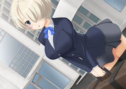 Rule 34 | 1girl, blonde hair, blue eyes, blush, breasts, briefcase, dai4101, female focus, hair over one eye, huge breasts, impossible clothes, impossible shirt, open mouth, original, school uniform, shirt, short hair, skirt, solo