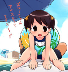Rule 34 | barefoot, beach, brother and sister, child, feet, lap, mika-shi, outdoors, pov, school swimsuit, siblings, sitting, sitting on person, soles, swimsuit, toes, translated, twintails