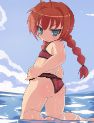 Rule 34 | 1girl, ahoge, ass, back, bare arms, bare legs, bare shoulders, barefoot, bikini, blue sky, braid, chibi, closed mouth, cloud, cloudy sky, commentary, copyright request, day, dripping, english commentary, flat chest, frilled bikini, frilled swimsuit, frills, from behind, from side, frown, hair intakes, half-closed eyes, hand on own hip, highres, huge ahoge, kneepits, legs apart, long hair, looking at viewer, looking back, lowleg swimsuit, lyrical nanoha, novcel, outdoors, red bikini, red hair, scowl, sky, solo, swimsuit, tankini, thighs, tsurime, twin braids, twisted torso, v-shaped eyebrows, vita (nanoha), wet, wide hips