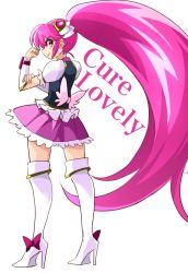 Rule 34 | aino megumi, ass, back, boots, character name, cure lovely, frills, full body, hair ornament, happinesscharge precure!, heart, heart hair ornament, high heels, looking at viewer, looking back, magical girl, pink eyes, pink hair, pink skirt, ponytail, precure, puffy short sleeves, puffy sleeves, shirt, short sleeves, simple background, skirt, thigh boots, udukikosuke, vest, white background, white footwear, white shirt, wide ponytail